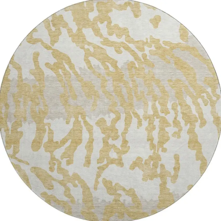 8' Gold And Ivory Animal Print Washable Round Rug With UV Protection Photo 3