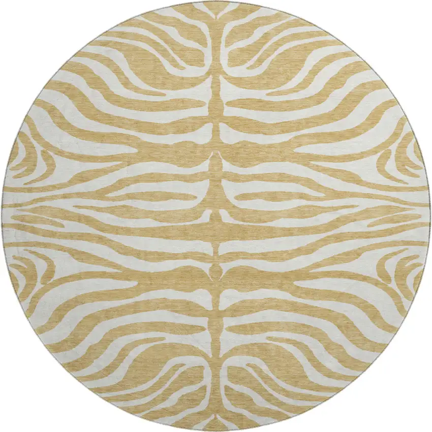 8' Gold And Ivory Animal Print Washable Round Rug With UV Protection Photo 1