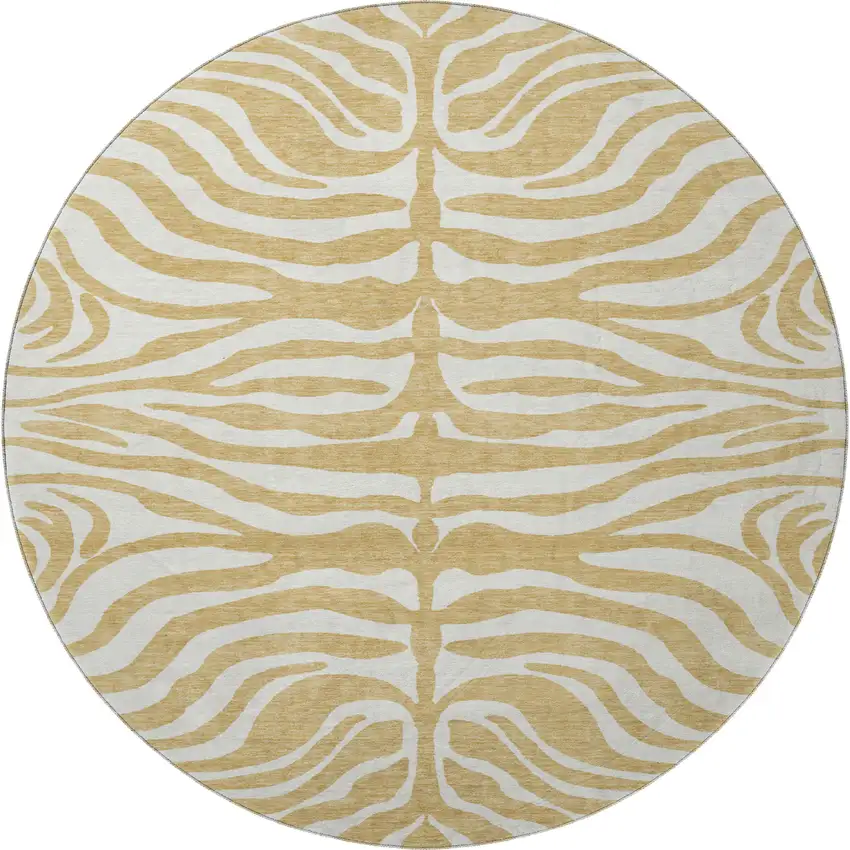 8' Gold And Ivory Animal Print Washable Round Rug With UV Protection Photo 3