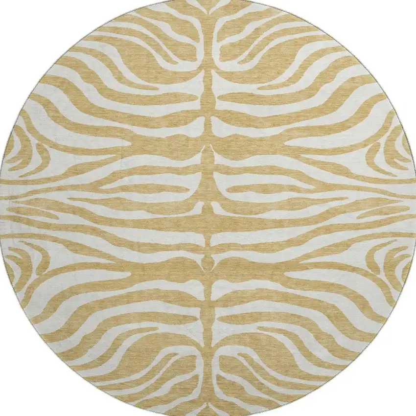 8' Gold And Ivory Animal Print Washable Round Rug With UV Protection Photo 2