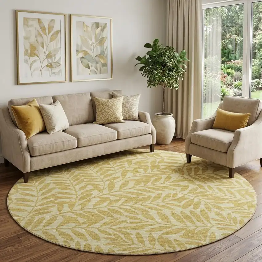 8' Gold And Ivory Botanical Leaves Washable Round Rug With UV Protection Photo 1