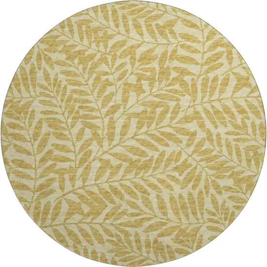8' Gold And Ivory Botanical Leaves Washable Round Rug With UV Protection Photo 2