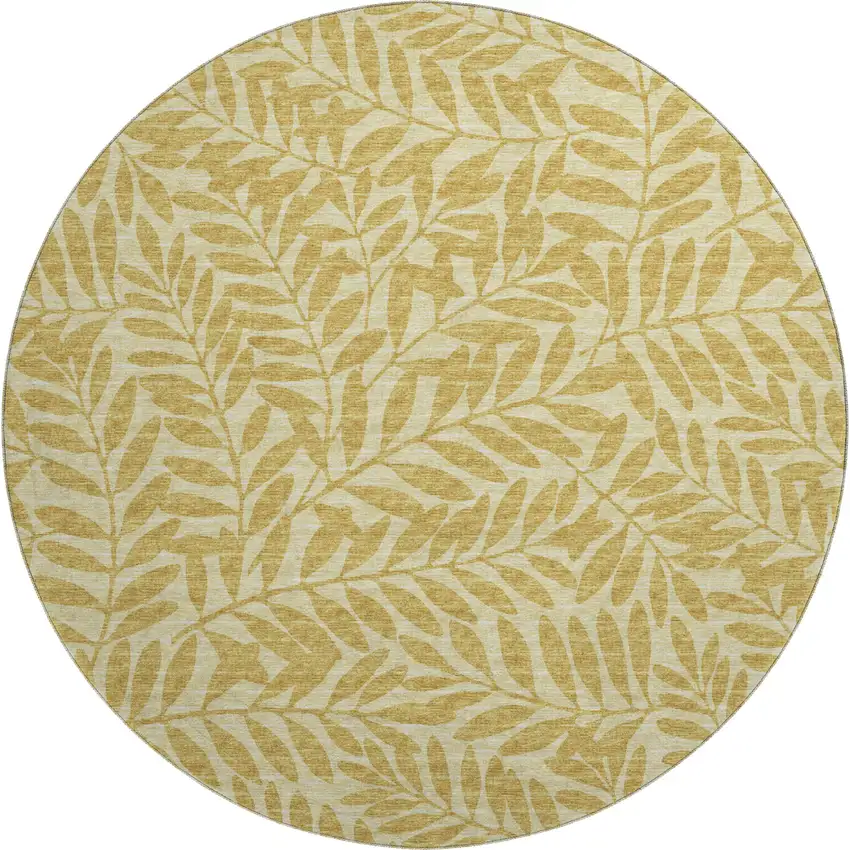 8' Gold And Ivory Botanical Leaves Washable Round Rug With UV Protection Photo 2