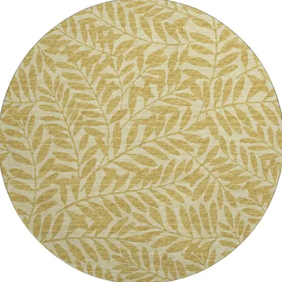 8' Gold And Ivory Botanical Leaves Washable Round Rug With UV Protection Photo 4