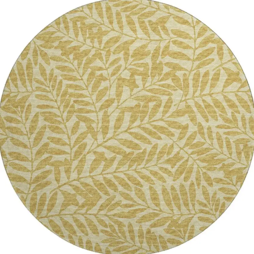 8' Gold And Ivory Botanical Leaves Washable Round Rug With UV Protection Photo 4