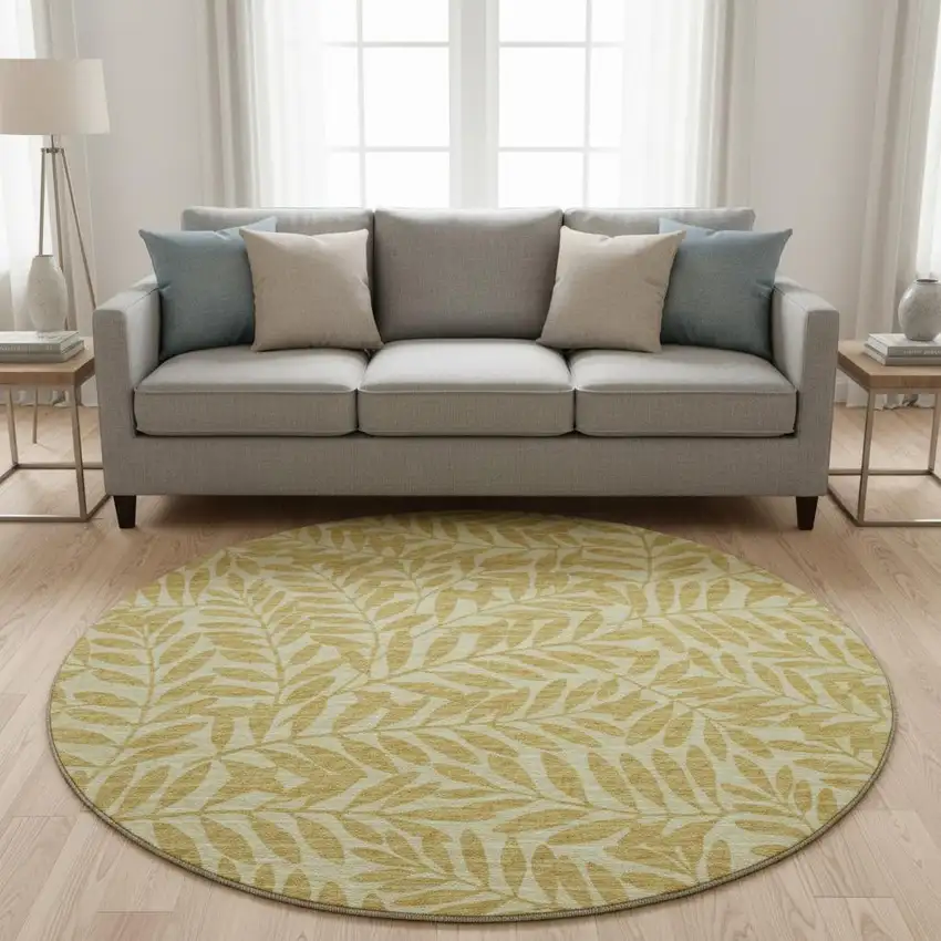 8' Gold And Ivory Botanical Leaves Washable Round Rug With UV Protection Photo 1