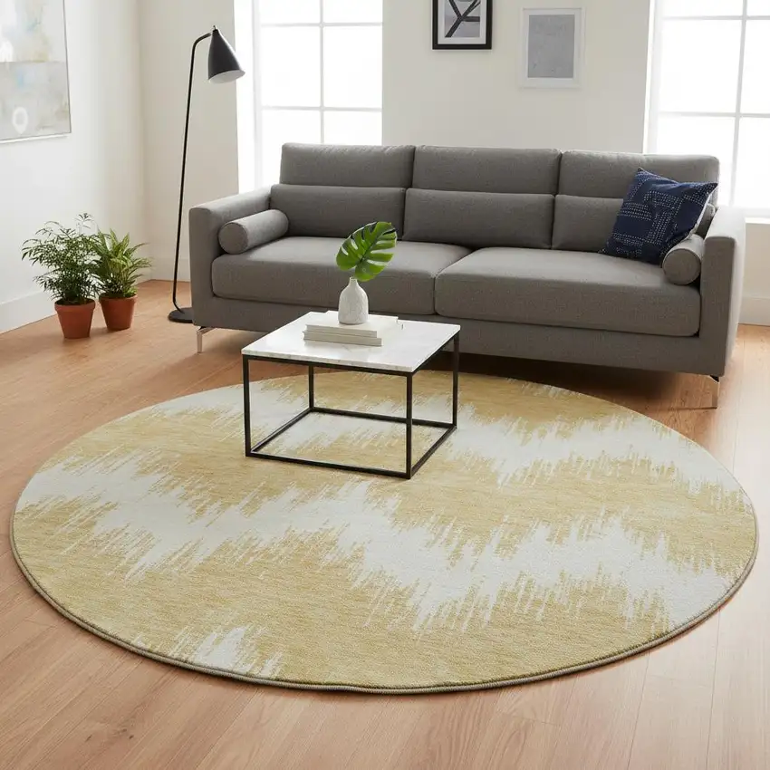 8' Gold And Ivory Chevron Washable Round Rug With UV Protection Photo 2