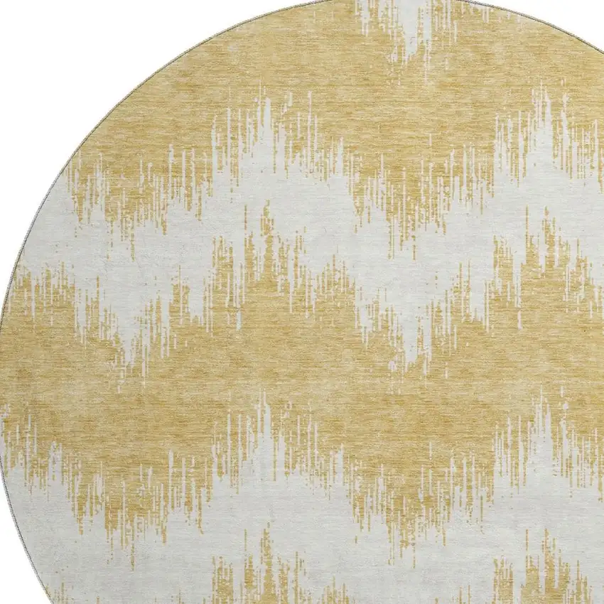 8' Gold And Ivory Chevron Washable Round Rug With UV Protection Photo 3