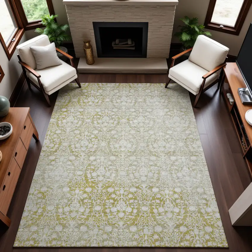 8' Gold And Ivory Damask Washable Area Rug With UV Protection Photo 5