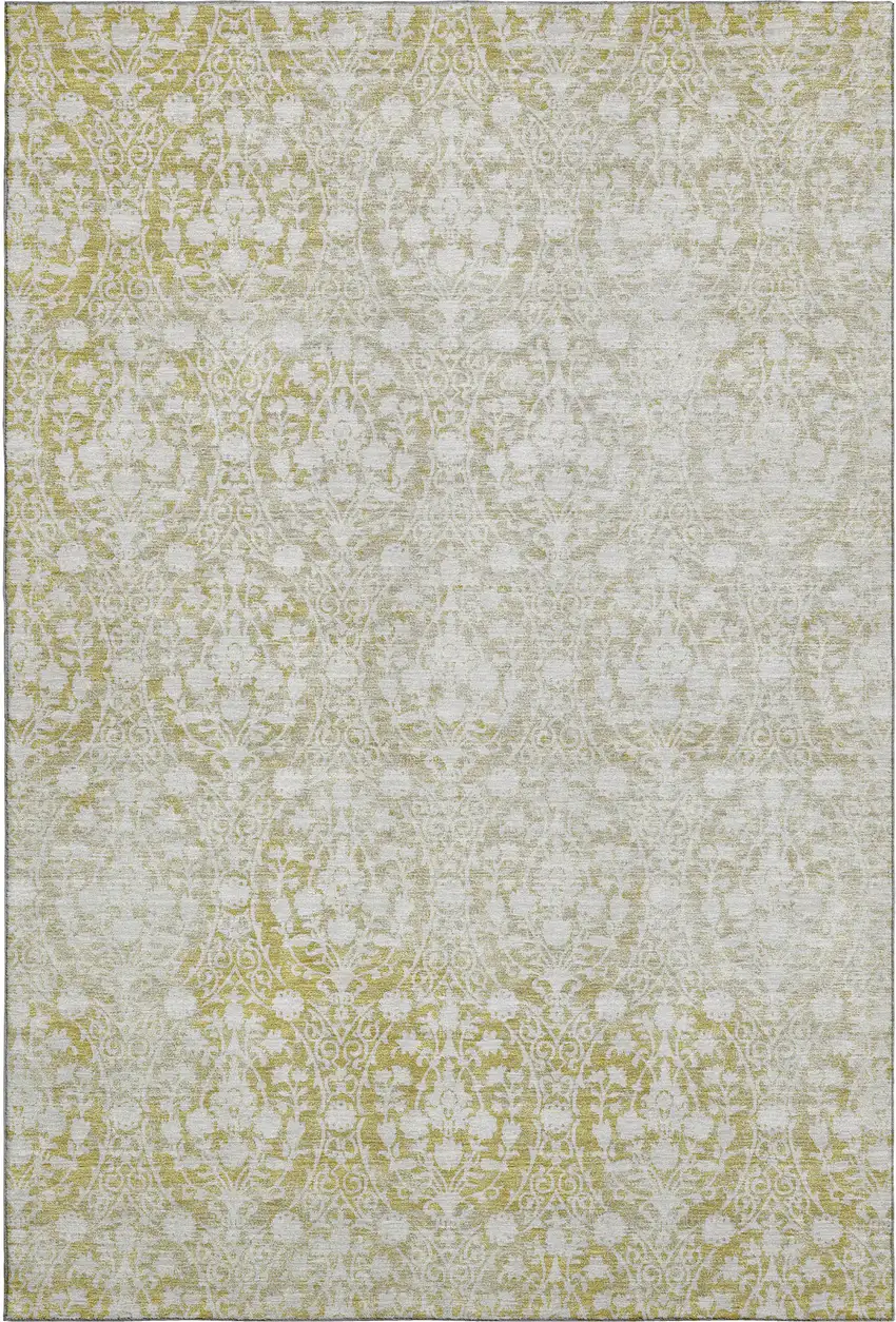 8' Gold And Ivory Damask Washable Area Rug With UV Protection Photo 1