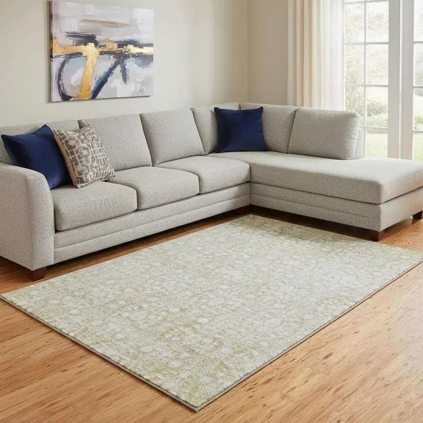 8' Gold And Ivory Damask Washable Area Rug With UV Protection Photo 2