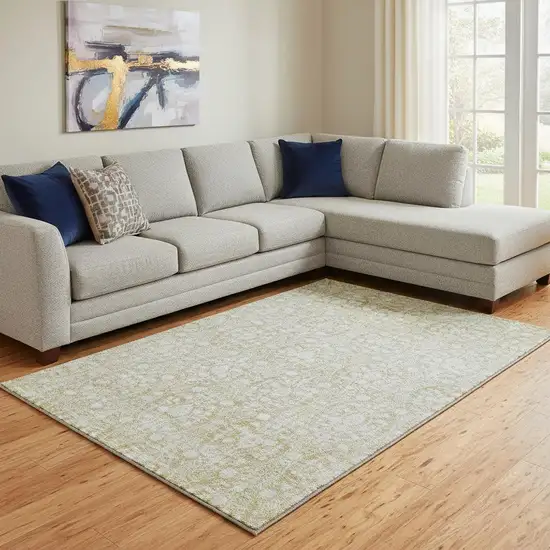 8' Gold And Ivory Damask Washable Area Rug With UV Protection Photo 2