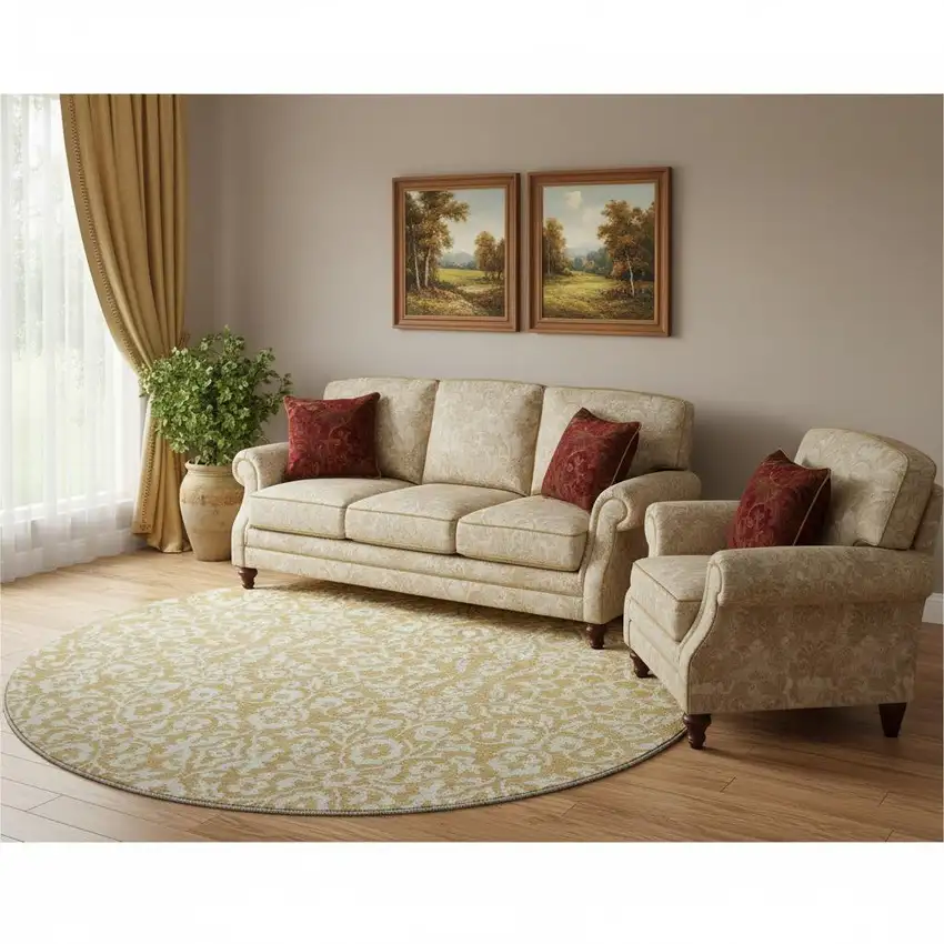 8' Gold And Ivory Damask Washable Round Rug With UV Protection Photo 1