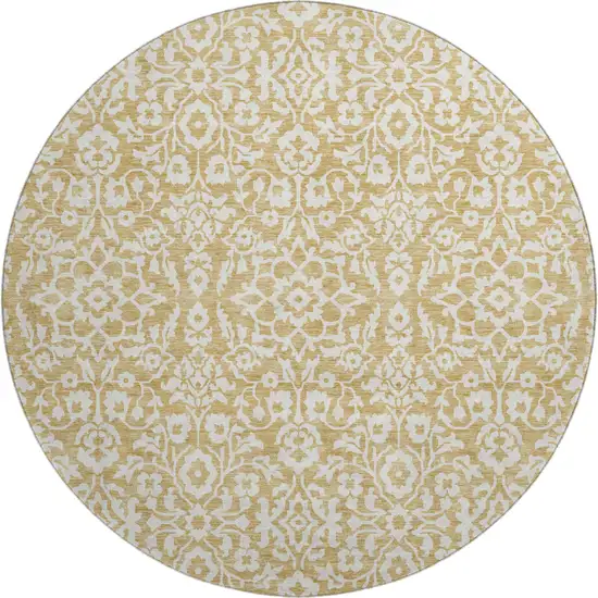 8' Gold And Ivory Damask Washable Round Rug With UV Protection Photo 1