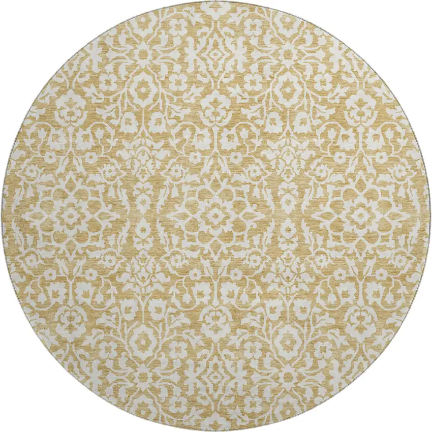 8' Gold And Ivory Damask Washable Round Rug With UV Protection Photo 1