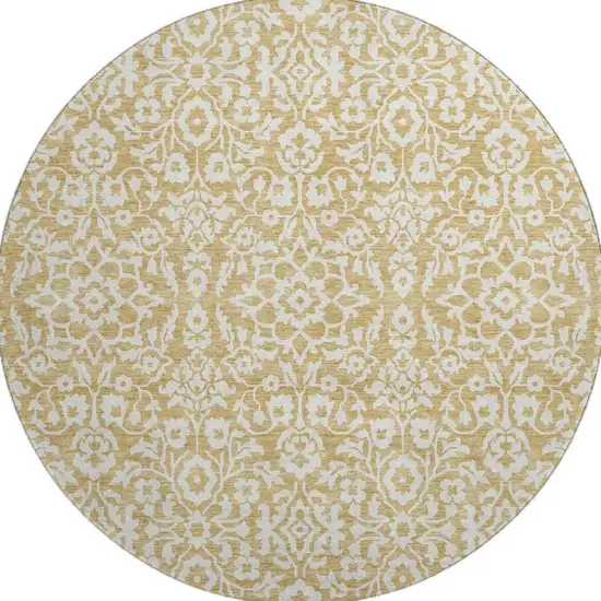8' Gold And Ivory Damask Washable Round Rug With UV Protection Photo 4