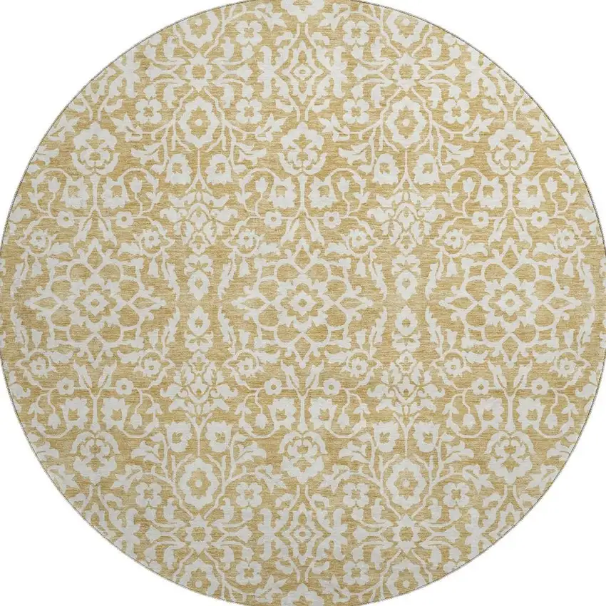 8' Gold And Ivory Damask Washable Round Rug With UV Protection Photo 4