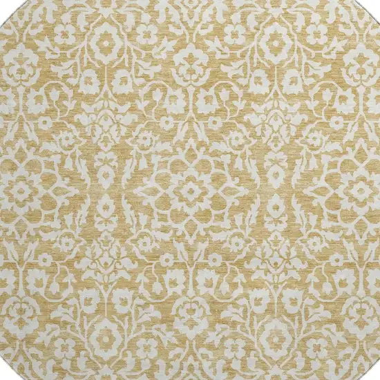8' Gold And Ivory Damask Washable Round Rug With UV Protection Photo 3