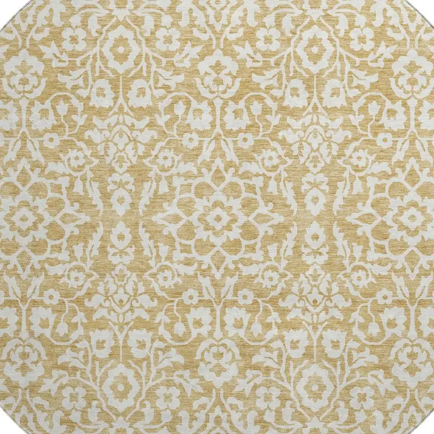 8' Gold And Ivory Damask Washable Round Rug With UV Protection Photo 3