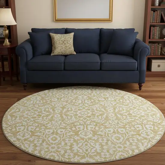 8' Gold And Ivory Damask Washable Round Rug With UV Protection Photo 2