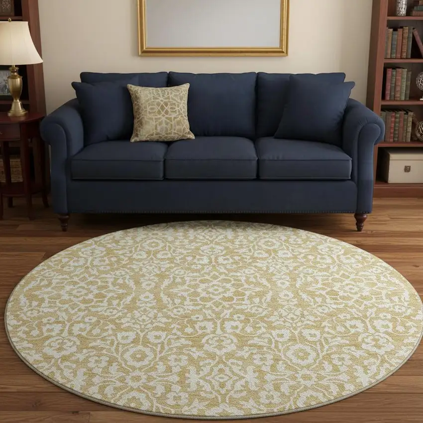 8' Gold And Ivory Damask Washable Round Rug With UV Protection Photo 2