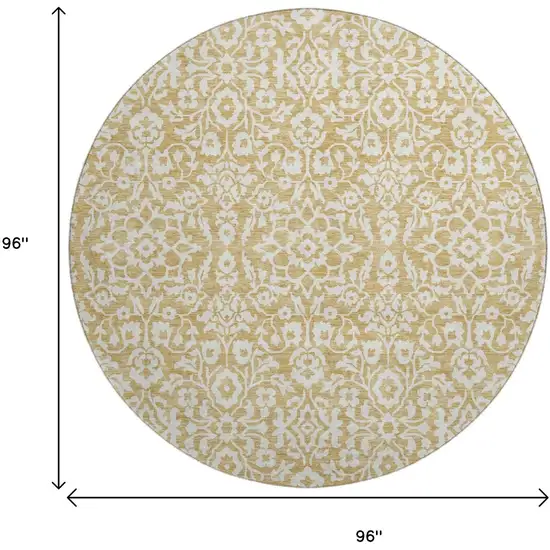 8' Gold And Ivory Damask Washable Round Rug With UV Protection Photo 3