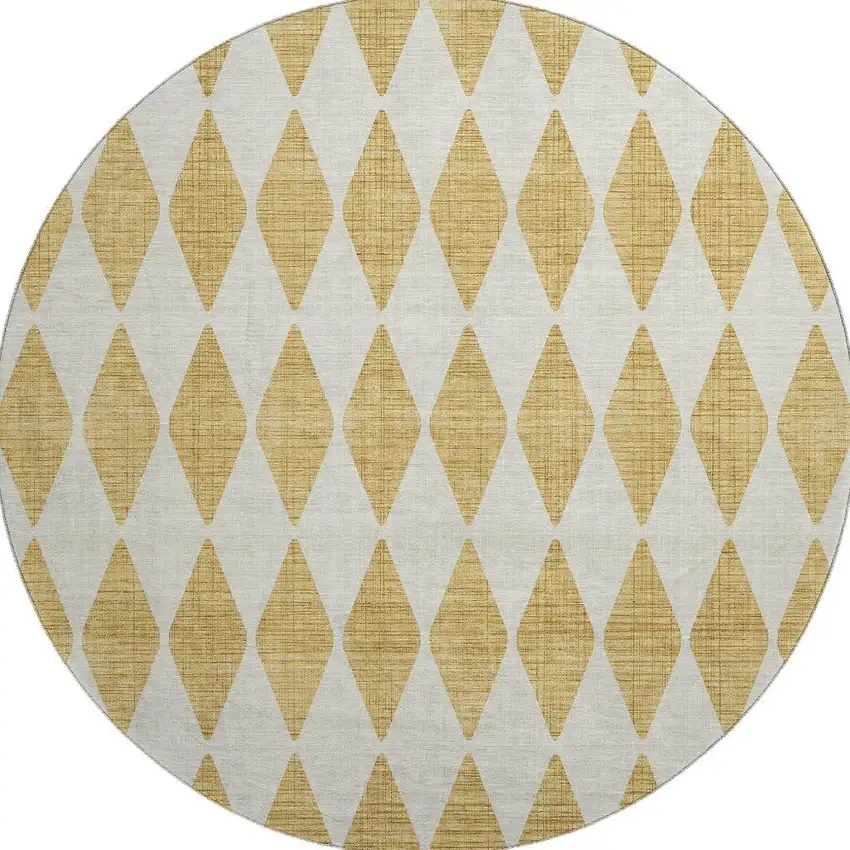 8' Gold And Ivory Diamond Washable Round Rug With UV Protection Photo 3
