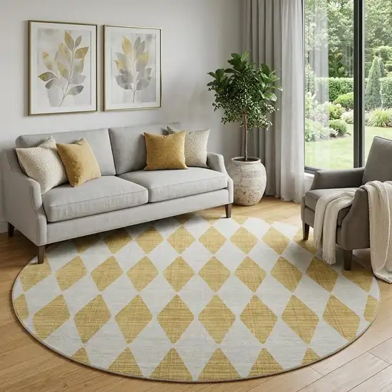 8' Gold And Ivory Diamond Washable Round Rug With UV Protection Photo 1