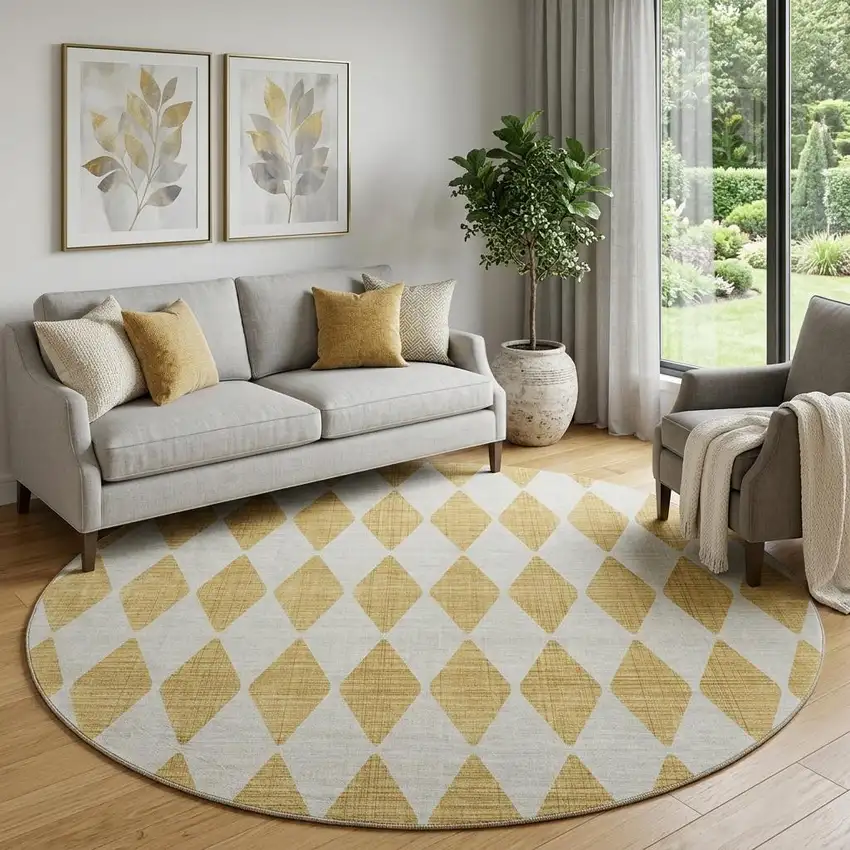 8' Gold And Ivory Diamond Washable Round Rug With UV Protection Photo 1