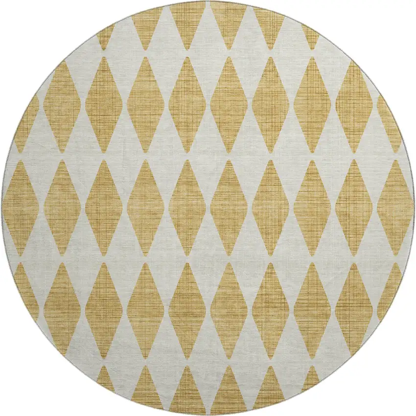 8' Gold And Ivory Diamond Washable Round Rug With UV Protection Photo 1