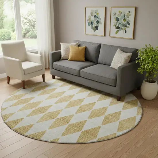 8' Gold And Ivory Diamond Washable Round Rug With UV Protection Photo 1