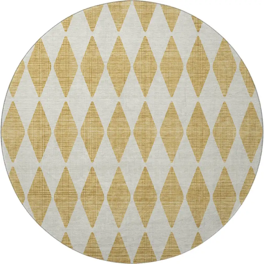 8' Gold And Ivory Diamond Washable Round Rug With UV Protection Photo 4
