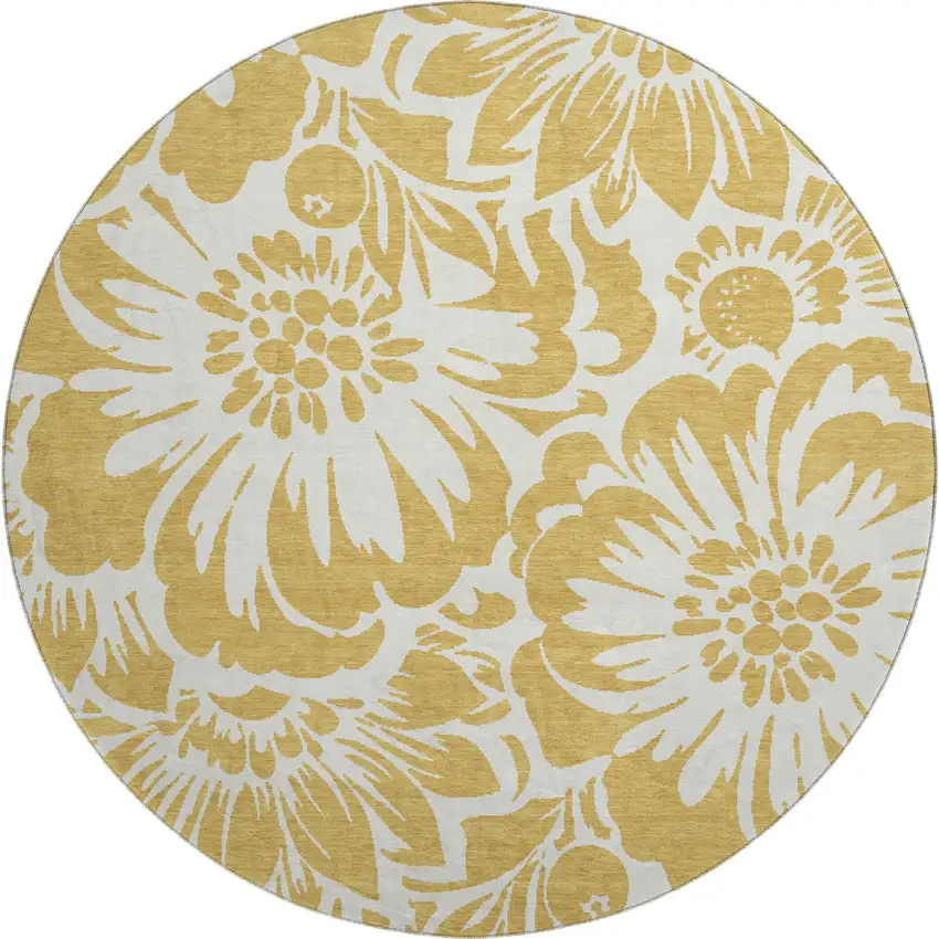 8' Gold And Ivory Floral Washable Round Rug With UV Protection Photo 1