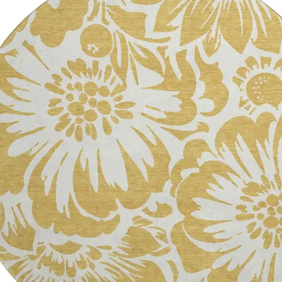 8' Gold And Ivory Floral Washable Round Rug With UV Protection Photo 3