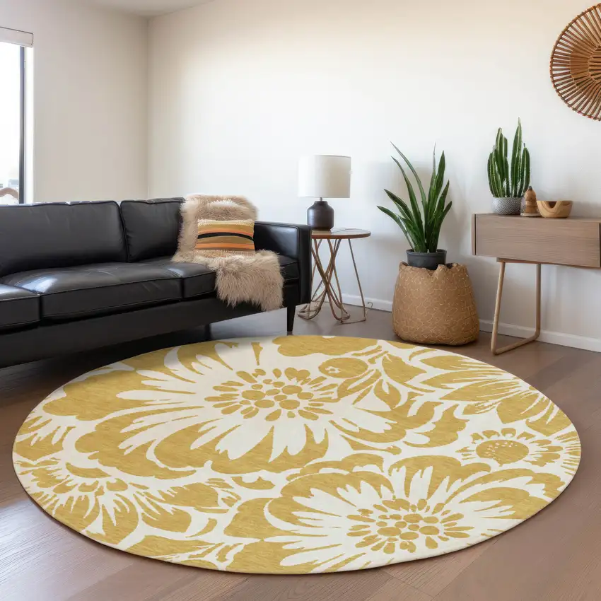 8' Gold And Ivory Floral Washable Round Rug With UV Protection Photo 5