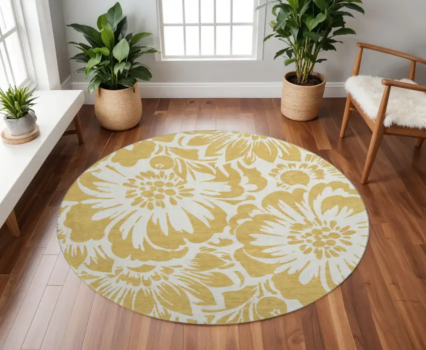 8' Gold And Ivory Floral Washable Round Rug With UV Protection Photo 2