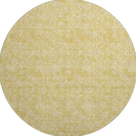 8' Gold And Ivory Floral Washable Round Rug With UV Protection Photo 3