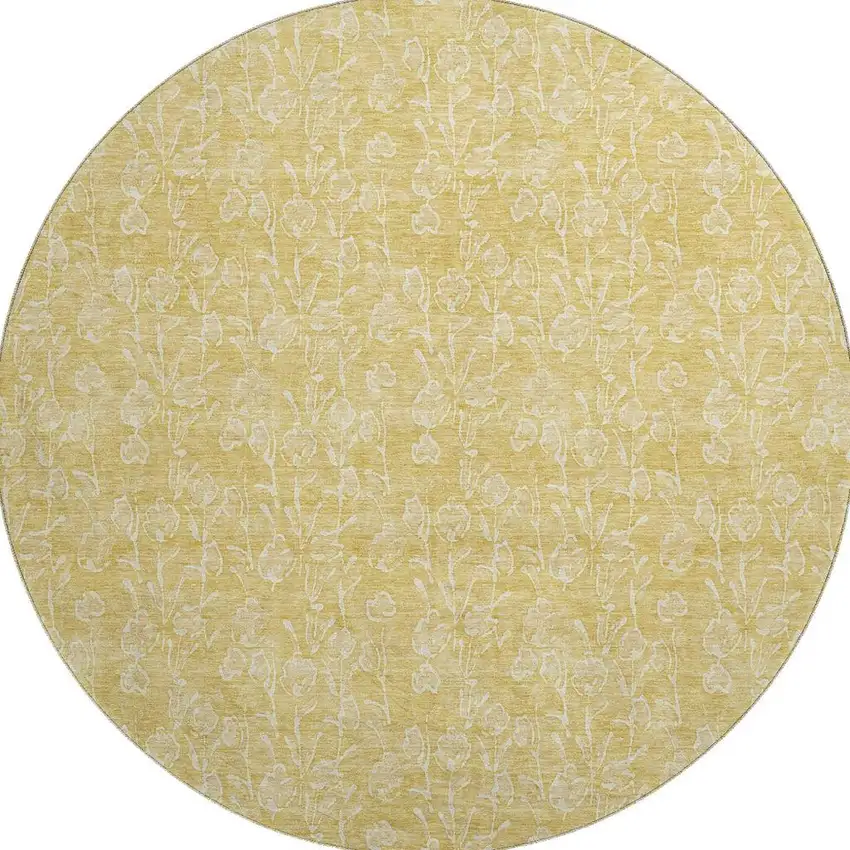 8' Gold And Ivory Floral Washable Round Rug With UV Protection Photo 3