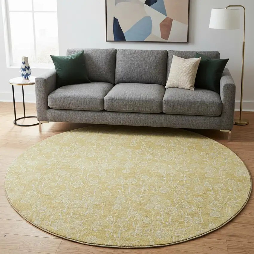 8' Gold And Ivory Floral Washable Round Rug With UV Protection Photo 2