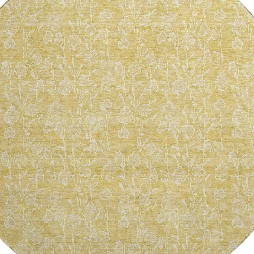 8' Gold And Ivory Floral Washable Round Rug With UV Protection Photo 4