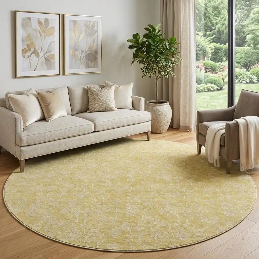 8' Gold And Ivory Floral Washable Round Rug With UV Protection Photo 1