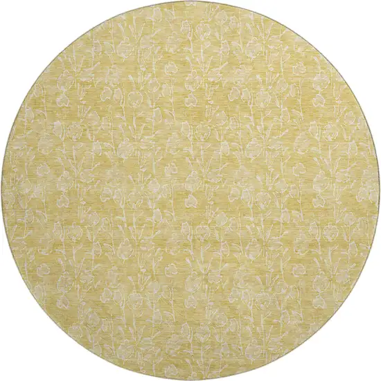 8' Gold And Ivory Floral Washable Round Rug With UV Protection Photo 1