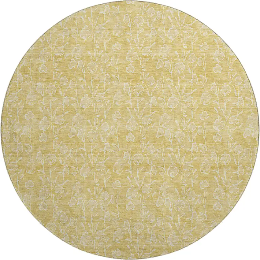 8' Gold And Ivory Floral Washable Round Rug With UV Protection Photo 1