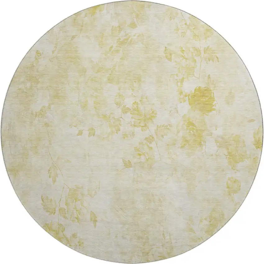 8' Gold And Ivory Floral Washable Round Rug With UV Protection Photo 1