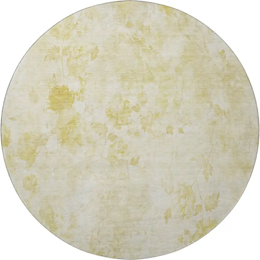 8' Gold And Ivory Floral Washable Round Rug With UV Protection Photo 3