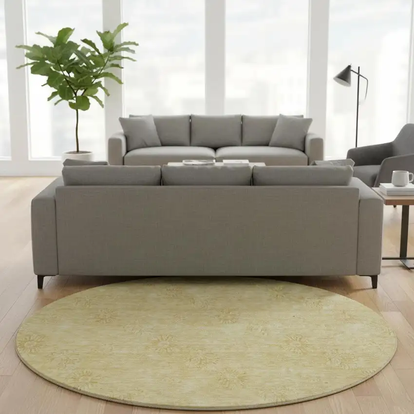 8' Gold And Ivory Floral Washable Round Rug With UV Protection Photo 2