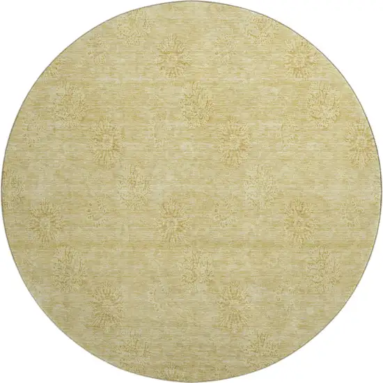 8' Gold And Ivory Floral Washable Round Rug With UV Protection Photo 1