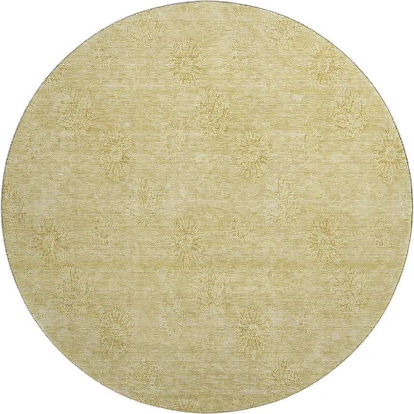 8' Gold And Ivory Floral Washable Round Rug With UV Protection Photo 1