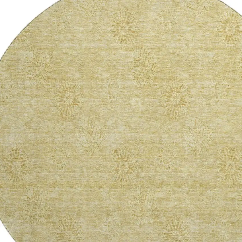 8' Gold And Ivory Floral Washable Round Rug With UV Protection Photo 3