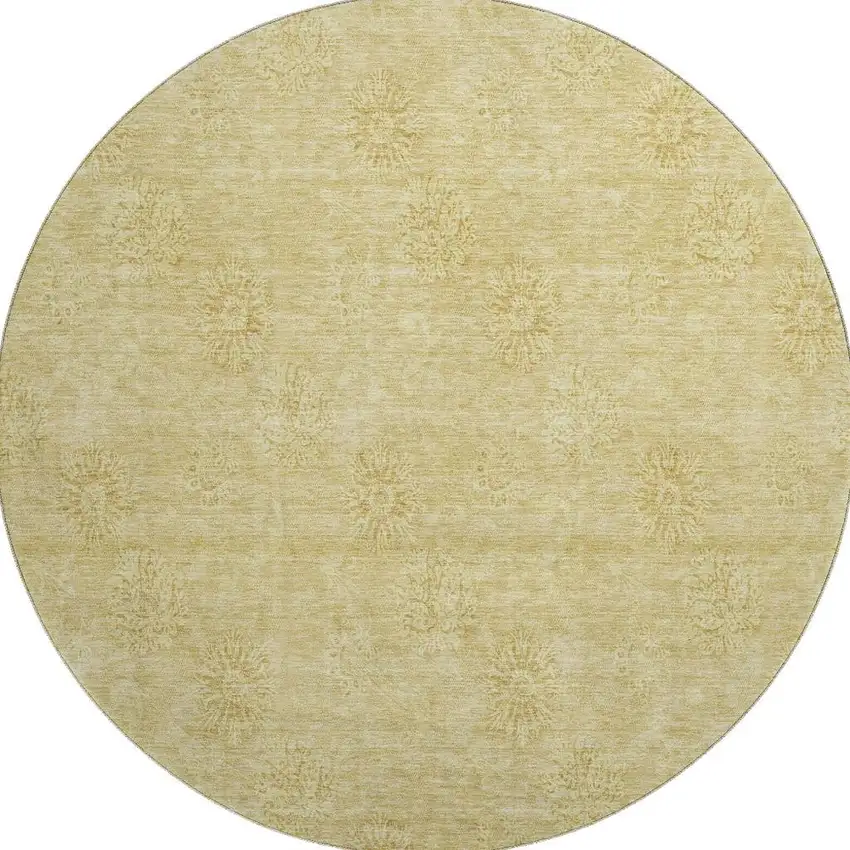 8' Gold And Ivory Floral Washable Round Rug With UV Protection Photo 4
